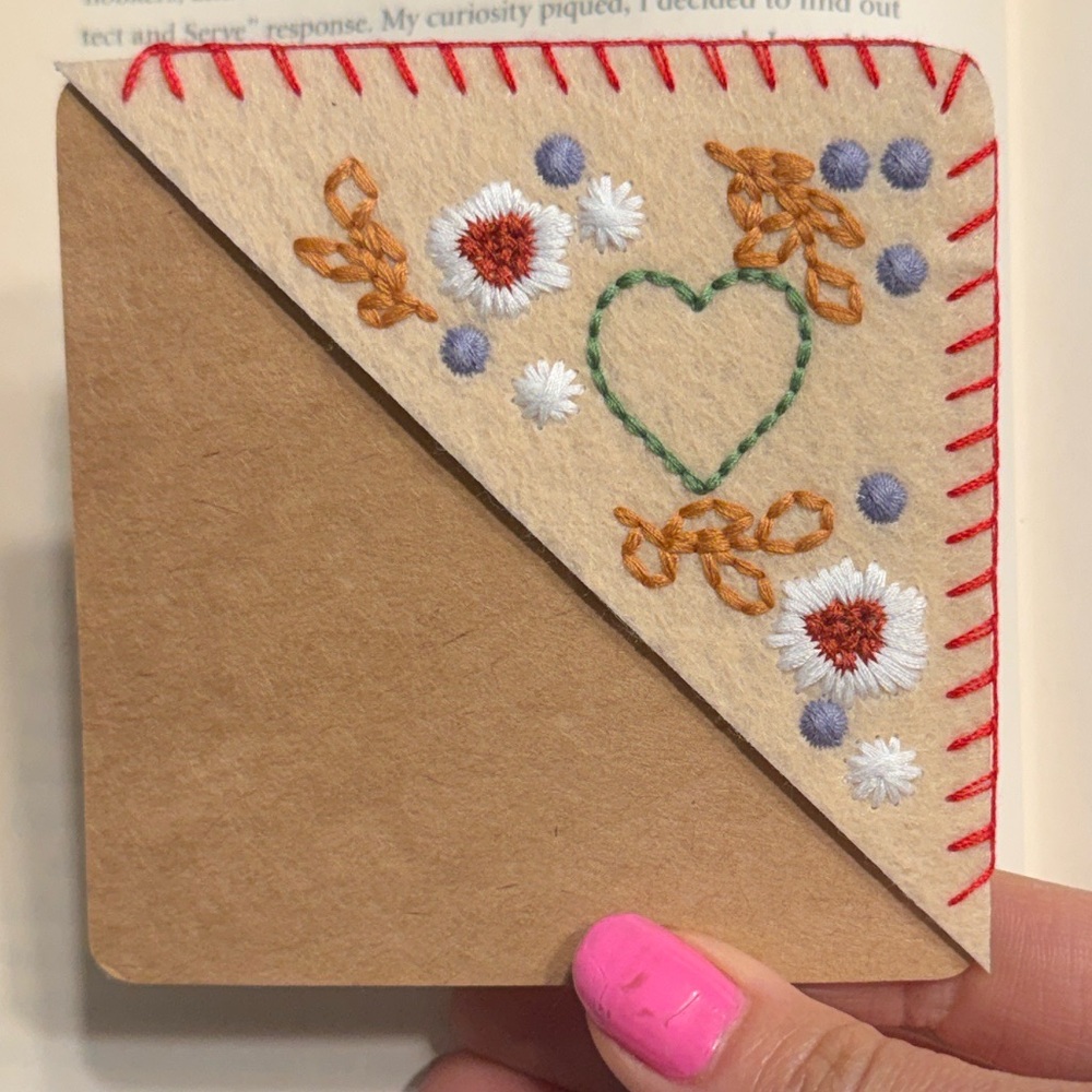 Hand Embroidery Book Corner Green Embroidered Heart and Flower Bookmark